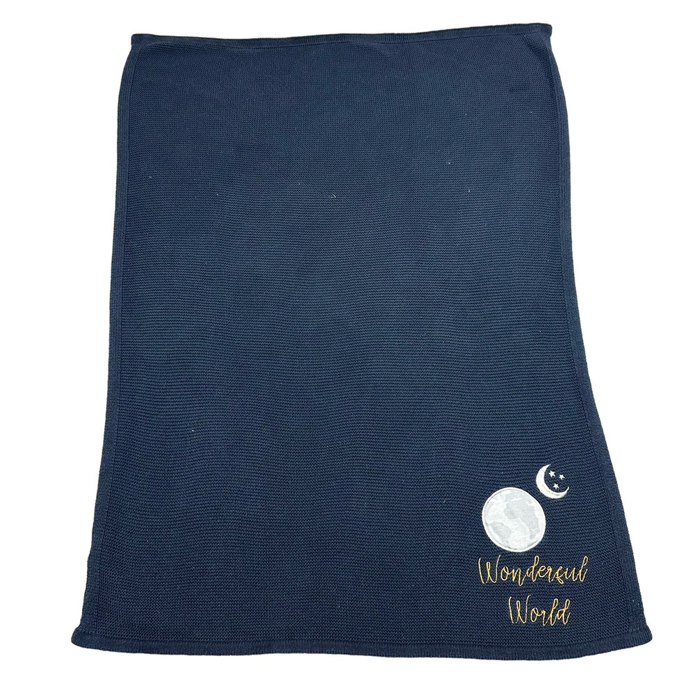 Silver Cloud 100% Cotton Navy Blue 27x35in‎ Knit "Wonderful World" Baby Blanket